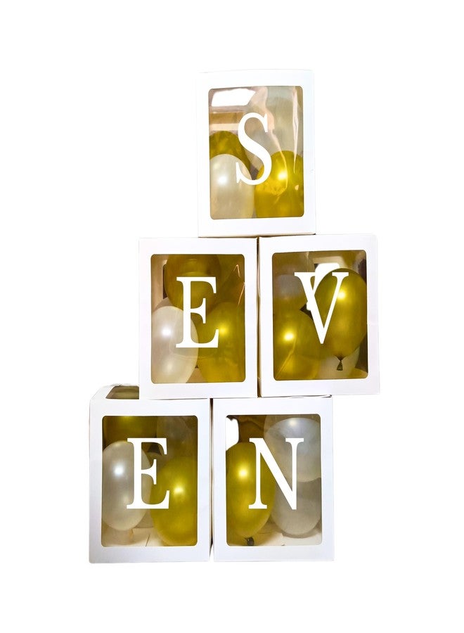 Festi Duck Pack of 5 Balloon Boxes - Transparent White Boxes with “S,” “E,” “V,” “E,” and “N” Letters & 24 Balloons (Gold & White) for Elegant 7th Birthday or Anniversary Décor (Gold & White) - Image 5